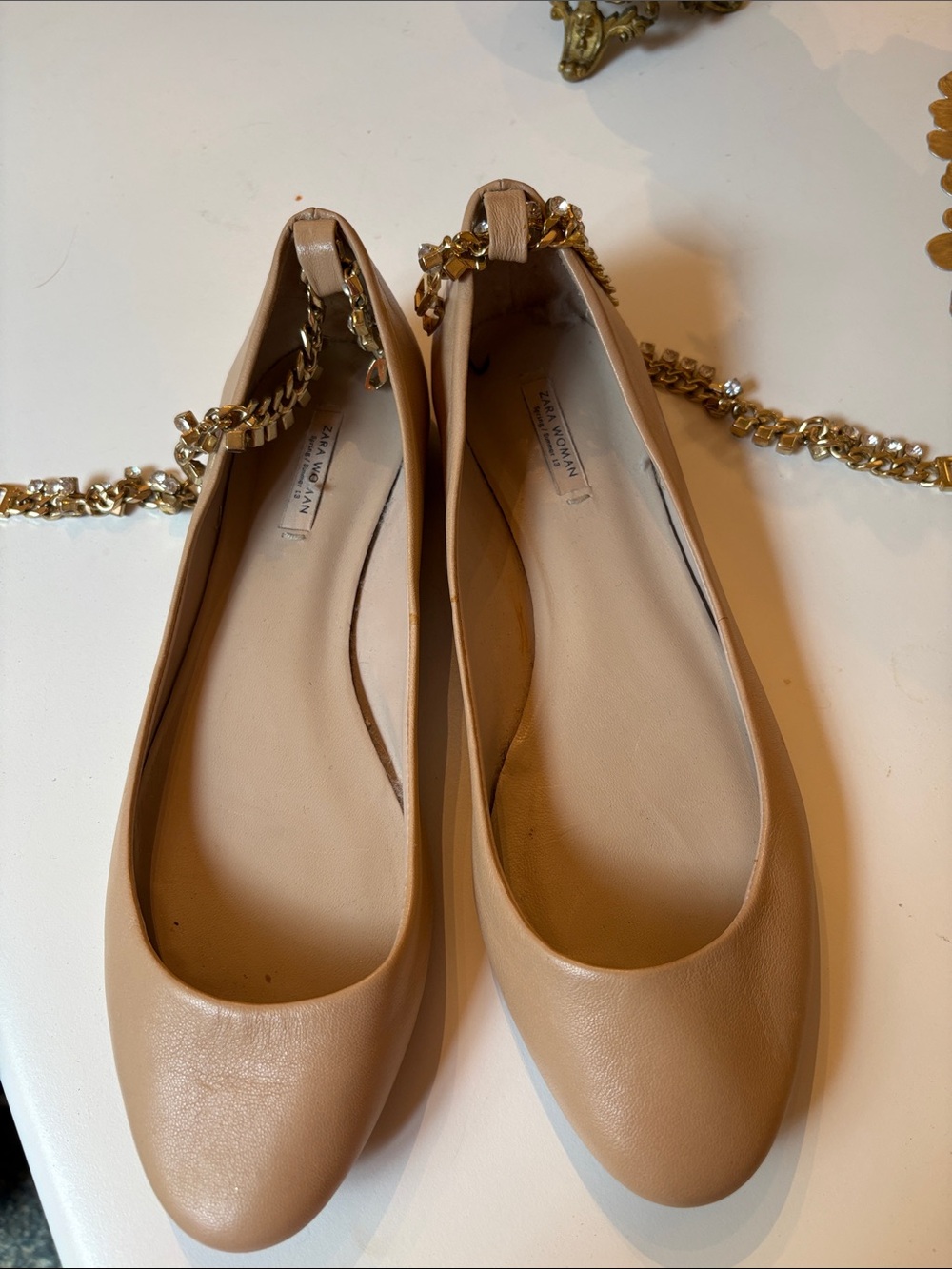 Zara Nude/Tan Leather Ballet Flats with Gold Chain
